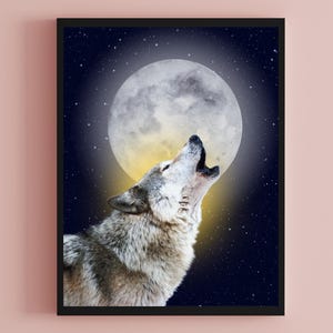 Wolf and Moon Wall Art Print, Wolf Digital Download, Wolf and Moon Witchy Wall Art