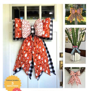 May include: A decorative Buttercup Bow, featuring a Halloween theme with orange fabric adorned with ghosts, bats, and skeletons. The bow includes black and white checkered accents and is displayed on a white door. The image also shows bow variations.