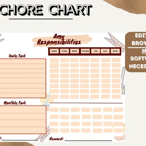 Chore Chart, Chore List, Chore Printable, Daily Checklist for Kids, Before/After school task, Routine Reward System, fillable template