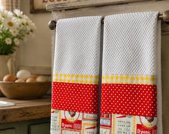 Set of 2 Textured Cotton Kitchen Towels, Blue Chicken Farmhouse Decor