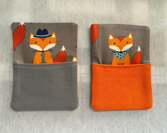 One Samba, Knee and Foot, 2 Pocket Holder Holds at least 15 cards on each side, 100% cotton, Fox with orange and grey pockets