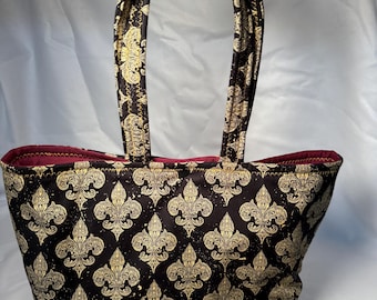 Fleur de Lis Padded Tote Bag, Hand Sewn Cotton Fabric