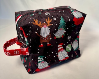 Christmas Gnomes Zippered Pouch, Hand Sewn Cotton Fabric