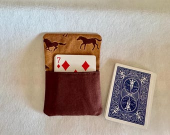 One Race Horse Cotton Card Holder, Two-Pocket, Horses Print with brown and tan pockets