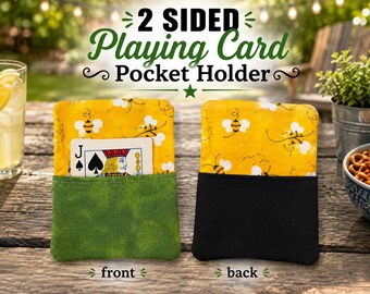 One Samba, Knee and Foot.  2 Pocket Holder Holds at least 15 cards on each side, 100% cotton,  Bees  with black and green