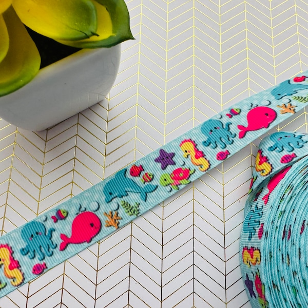 Marine Sea  Fish Grosgrain Ribbon 7/8” 22mm Decorating Crafts Ribbon