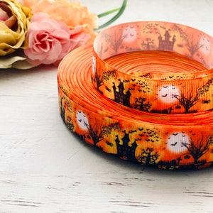 Fita de gorgorão com tema de abóbora de Halloween laranja e casa mal-assombrada 7/8” 22mm Elefante rosa colorido com flores para decoração de artesanato