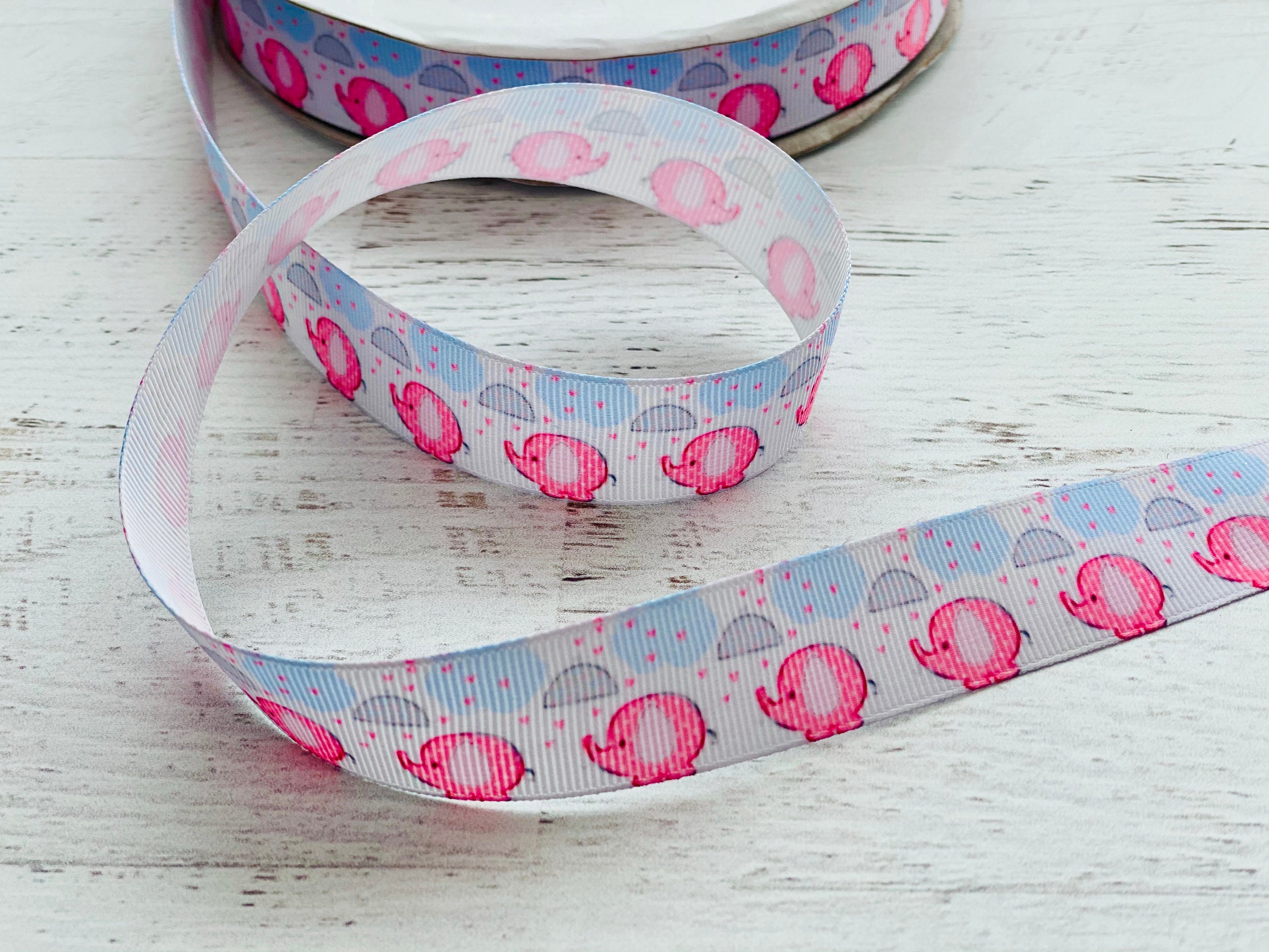 Blue and Pink Elephant Grosgrain Ribbon 78\u201d 22mm Decorating Crafts Ribbon