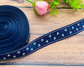 Nautical Theme Navy Blue Red Anchor Start and White Grosgrain Ribbon 7/8” 22mm Decorating Crafts Ribbon