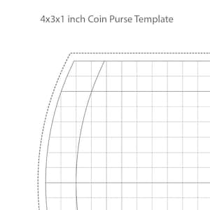 May include: A printable template for a 4x3x1 inch coin purse. The template is a grid with curved edges and lines to guide cutting and sewing.