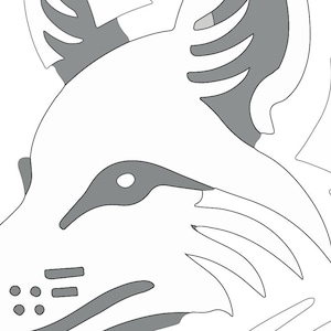 May include: A black and white line drawing of a fox's head. The fox's eyes, nose, and mouth are outlined in gray.