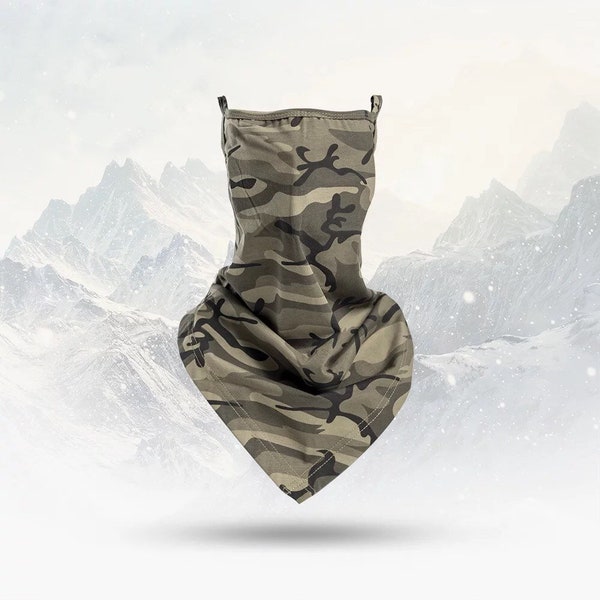Camouflage bandana, scarf face mask with filter pocket, unisex neck gaiter with ear loops, breathable lightweight fabric face scarf covering