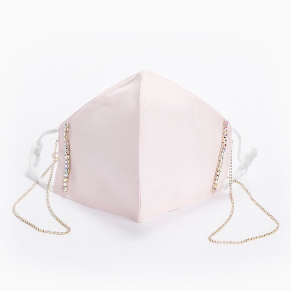 Ballet pink bridal silk face mask, couture mask with rhinestone lanyard nose wire filter pocket and adjustable straps, + natural linen bag