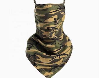 Camouflage bandana, scarf face mask with filter pocket, unisex neck gaiter with ear loops, breathable lightweight fabric face scarf covering