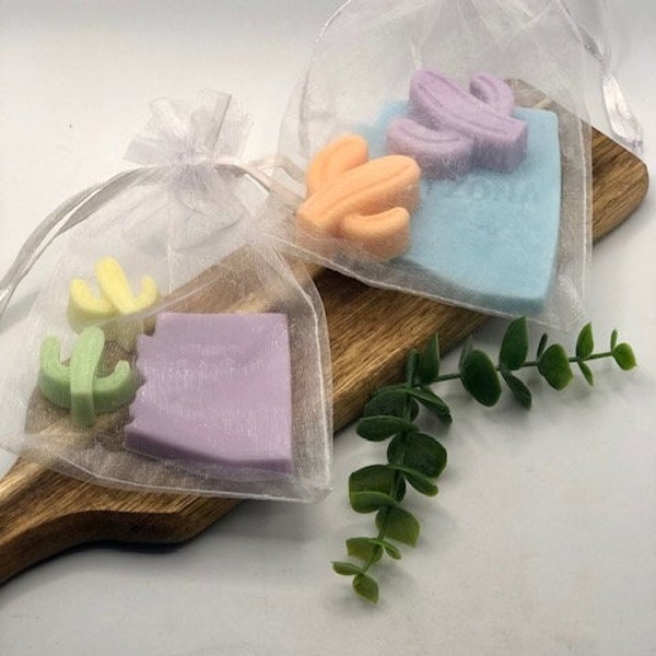 Arizona state and saguaro cactus sets, small or medium. Goats milk soap. Party favors, gifts, client appreciation, and soap dish delights.