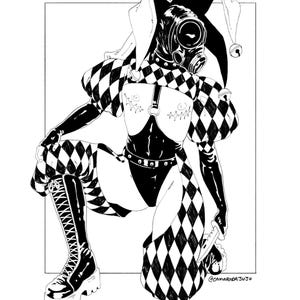 May include: A black and white ink illustration of a figure wearing a jester hat with bells, a gas mask, and a diamond-patterned outfit. The figure wears a harness, high-laced boots, and holds a knife. The text @CAMARADAJUJU is visible at the bottom.