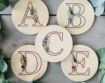 Embroidery DIY Craft Kit, 26 Letters Available, Beginner Embroidery Kit, Floral Letter Embroidery, Wood Embroidery Kit