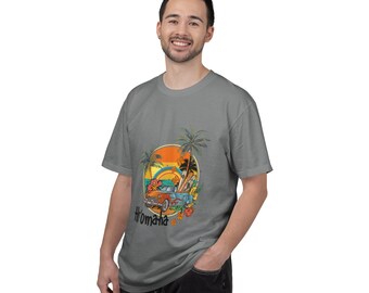 T-shirt Ho omaha-zonsondergang | Palmbomen, surfplank, tropisch ontwerp