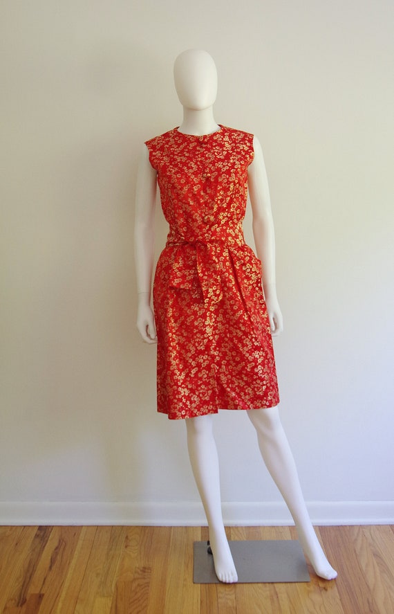 Vintage Red Brocade 1960s Dress