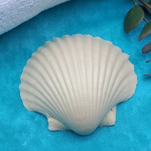 May include: A white, seashell-shaped soap bar with detailed ridges, resting on a turquoise fabric. A white towel and green plant sprig are in the background. The soap's design mimics a natural scallop shell.