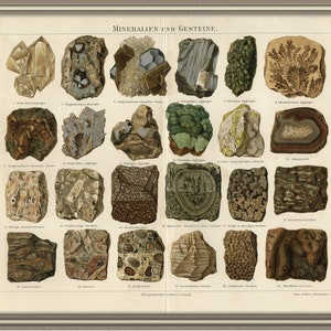 From 1896 - Colored lithograph print of MINERALS and ROCKS