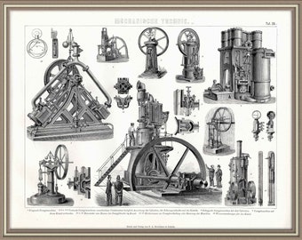 From 1875 - Lithograph print of Mechanical Technique (steam engines)
