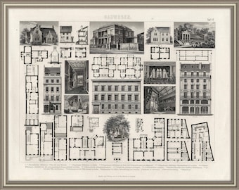 From 1872 - Antique Copper Engraving print of ARCHITECTURE  (Residental buidings)