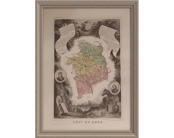 From 1872 - Giant hand colored print of Dépt. DU CHER