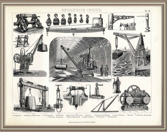 From 1875 - Lithograph print of Mechanical Technique (cranes en hoists)
