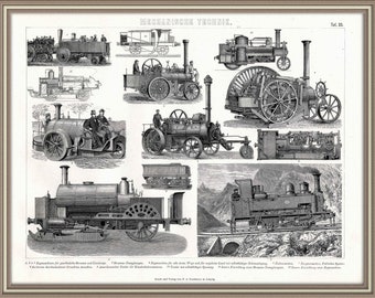 From 1875 - Lithograph print of Trains / Locomotives