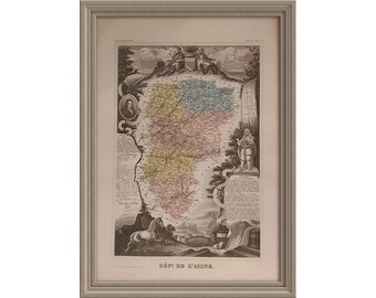 From 1872 - Giant hand colored print of Dépt. DE LAISNE