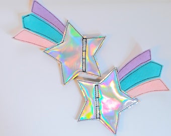silberner holografischer Stern blau pink lavendel lila Schwanz Shooting Star Schuh Spitze Rollschuh Accessoires
