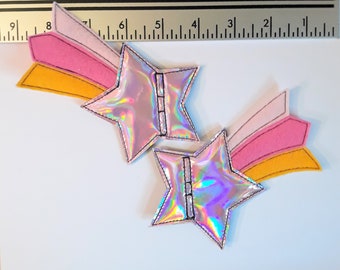 pastell pink holografischer Stern hellrosa, rosa, ringelgelber Schwanz Shooting Star Schuh Spitze Rollschuh Accessoires