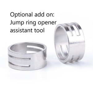 May include: Two silver jump ring openers, also known as jump ring pliers, are shown on a white background. The tools have three slots to help open and close jump rings.