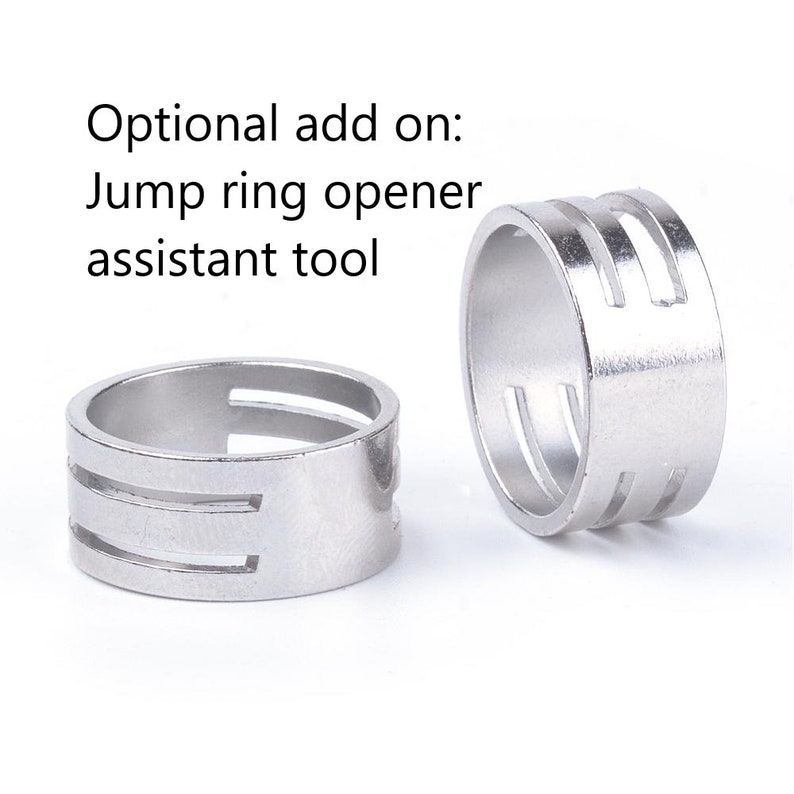 May include: Two silver jump ring openers, also known as jump ring pliers, are shown on a white background. The tools have three slots to help open and close jump rings.