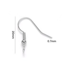 May include: Silver earring hook with a spring-loaded closure and a small ball at the top. The hook is 20 mm long and 0.7 mm thick.