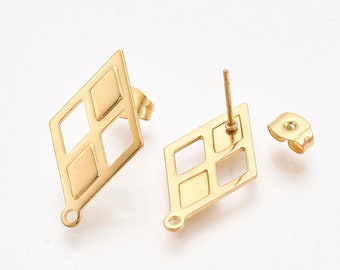 4pcs gold checkered rhombus stainless steel stud with backs