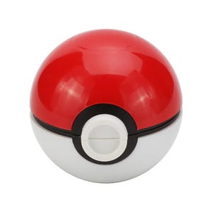 May include: A red and white Poké Ball with a black band and a white button. The top half is red, the bottom half is white, and a black band separates the two halves. The white button is in the center.