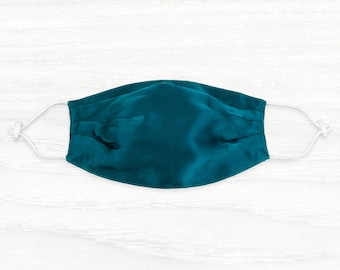 SILK Face Mask, Teal, Reusable Two Layers Soft Washable Face Mask, 100% Mulberry Silk, Peacock Blue, Breathable Silk Face Mask