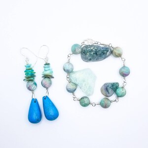 Mother of Pearl Shell, Tianhe  and Turquoise Bracelet and Earrings - Crystals - Seashell Dangle Earrings - Wire Jewelry - Handmade