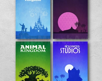 May include: Four posters with theme park silhouettes. The posters are labelled "Magic Kingdom," "Epcot," "Animal Kingdom," and "Hollywood Studios." Each poster has a unique colour scheme and design, with fireworks, a sun, a tree, and a tower.