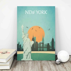 New York Poster- Retro Vintage Travel Poster-USA Poster - New York City Wall Art Print - America Travel Print - Statue of Liberty