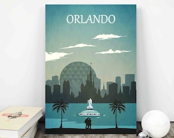 May include: A vintage-style poster with a blue and grey colour scheme depicting the Orlando skyline. The poster features a silhouette of the city with iconic landmarks like the Spaceship Earth and Cinderella's Castle. The text "ORLANDO" is displayed in white at the top of the poster.