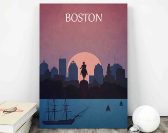 May include: A digital illustration of the Boston skyline at sunset with the text "BOSTON" at the top. The skyline includes the Boston Common, the State House, and the Old North Church. The illustration is in a minimalist style with a blue and purple colour scheme.