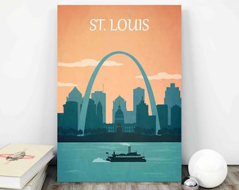 May include: A vintage-style illustration of the St. Louis skyline featuring the iconic Gateway Arch, with a steamboat in the foreground and a blue and orange colour scheme.