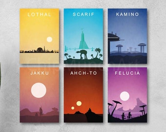 Minimalist movie poster set Classic poster New hope Vintage movie poster Kamino movie lothal scarif art felucia movie Star jakku ahch-to