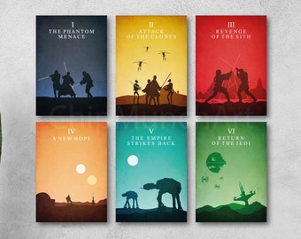 May include: Six framed movie posters with minimalist designs. Each poster features a different color scheme and a silhouette of a scene from the Star Wars saga. Titles include "The Phantom Menace," "Attack of the Clones," and "Revenge of the Sith."