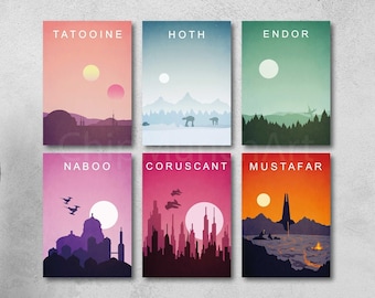 Minimalist Star poster set wars poster All 6 posters New hope Vintage movie poster Tatooine movie hoth endor art coruscant mustafar naboo