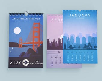 Calendrier 2027 | Calendrier de voyage 2027 des villes américaines (impression recto verso) | Calendrier mural | Cadeau de voyage | Calendrier mensuel | Impression sur le thème des voyages américains