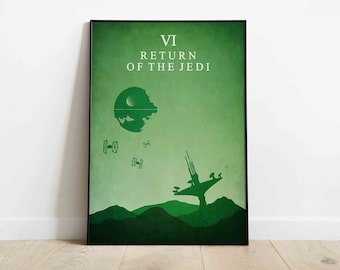 Puede incluir: Póster verde enmarcado con un diseño minimalista de Star Wars: El Retorno del Jedi. El póster presenta el texto "VI RETURN OF THE JEDI", una Estrella de la Muerte, cazas TIE y una silueta de una estructura.